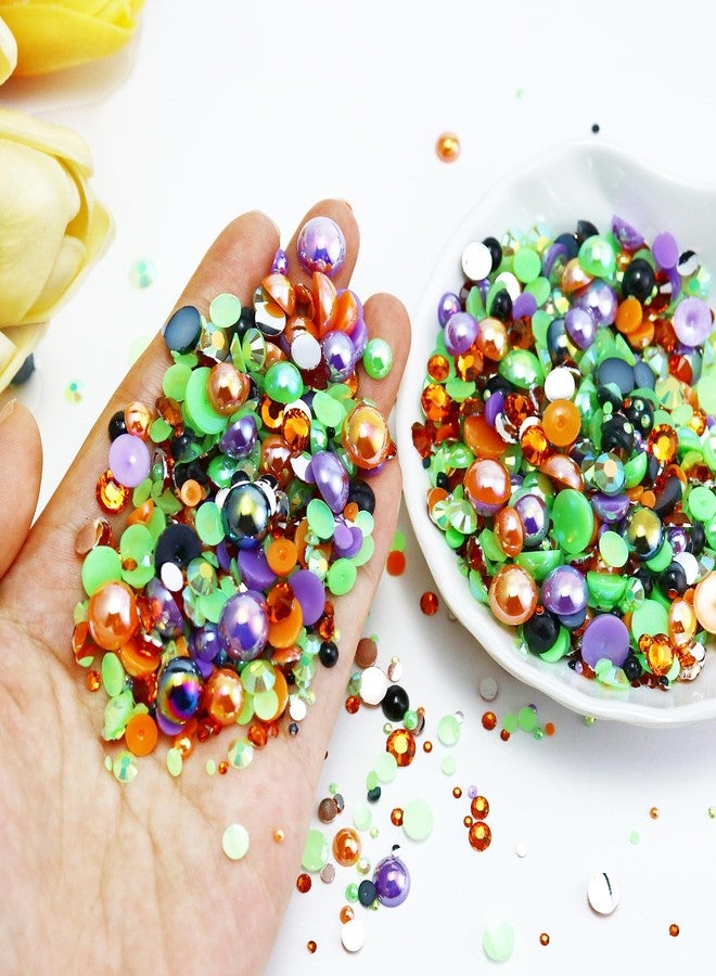 Briskbloom 60g Mix Pearls and Rhinestones for Crafts, 3620PCS 2mm-10mm Flatback for Nails Face Art Tumblers, Halloween Jelly Rhinestones and Half Pearls, Orange|Black|Green|Purple - Image 2
